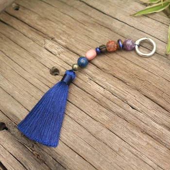 

Sweet and Romantic Key Ring, Blue, Natural Stone, Vintage Chinese Style Tassel Keychain, Bag Keychain, Original Stone Jewelry
