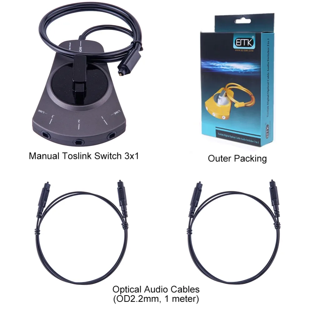 EMK Digital SPDIF Toslink Optical Audio Cable Switch 3x1 with IR Remote Controller Support 5.1 Bidirectional Manual Switcher (1)