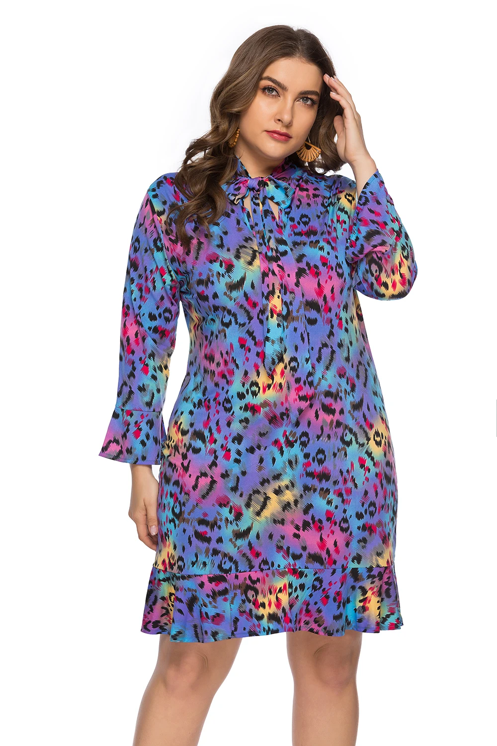 DUOUPA весной и летом в Европе и большой Размеры Для женщин v-образным вырезом лук Leopard Ruffled платье миди SQ0118
