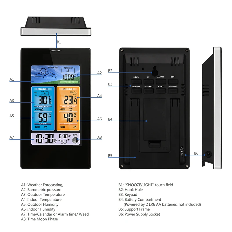 Повтор Будильник в/наружная метеостанция Температура Влажность Беспроводная красочная подсветка с барометром погоды