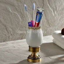 

Antique Brass Carved Flower Pattern Toothbrush Holder with Single Ceramics Cup Deck Mounted Bathroom Accessories aba498