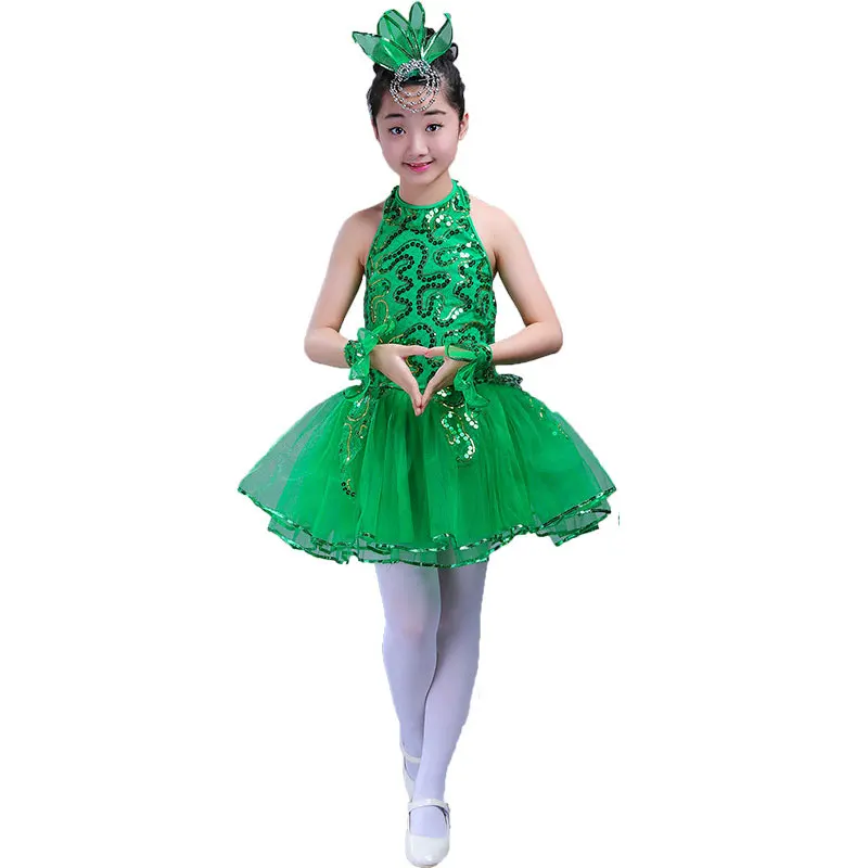 Girl Dance Costume Green Girls Ballet Dress for Children Jazz Dance Costumes for Girls Performance Stage Dancewear