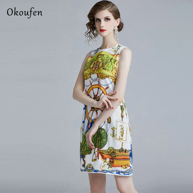 

OKOUFEN New Summer Garment 2019 Simple Personality Fashion Round-collar Printed Dress Sleeveless Soft and Comfortable ZX0029