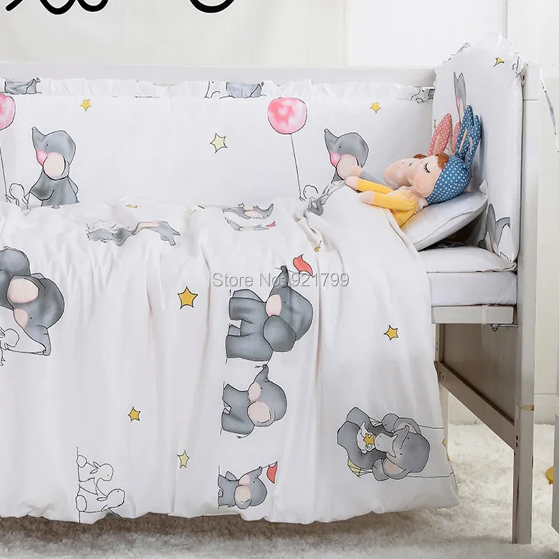 Gray Elephant Cotton Cartoon Soft Baby Bedding Set Baby Crib bumper Include Pillow/ Bumpers/ Sheet/Quilt Cover NewBaby Bumpers