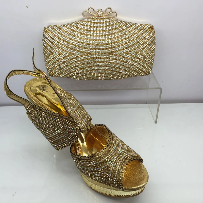 Latest Evening Shoes and Bag Set Gold Color Ladies Shoe and Bag Set ...