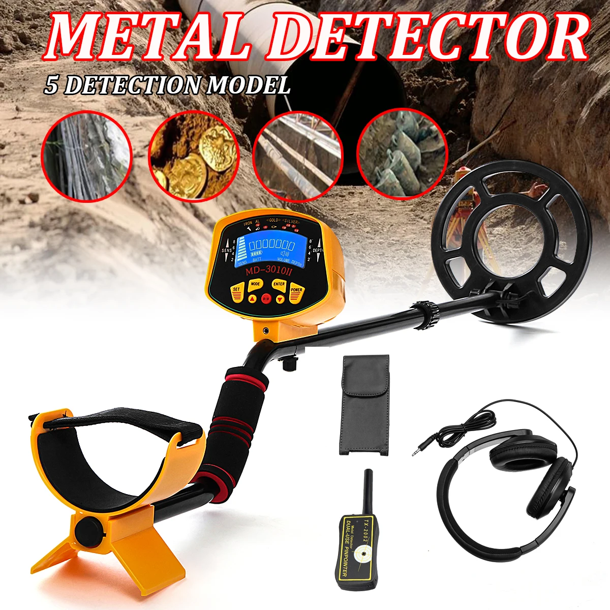

5Pcs/set MD3010II Metal Detector Gold Deep Sensitive Searching Digger with TX-2002 Pinpointer Treasure Detector Seeking Tool