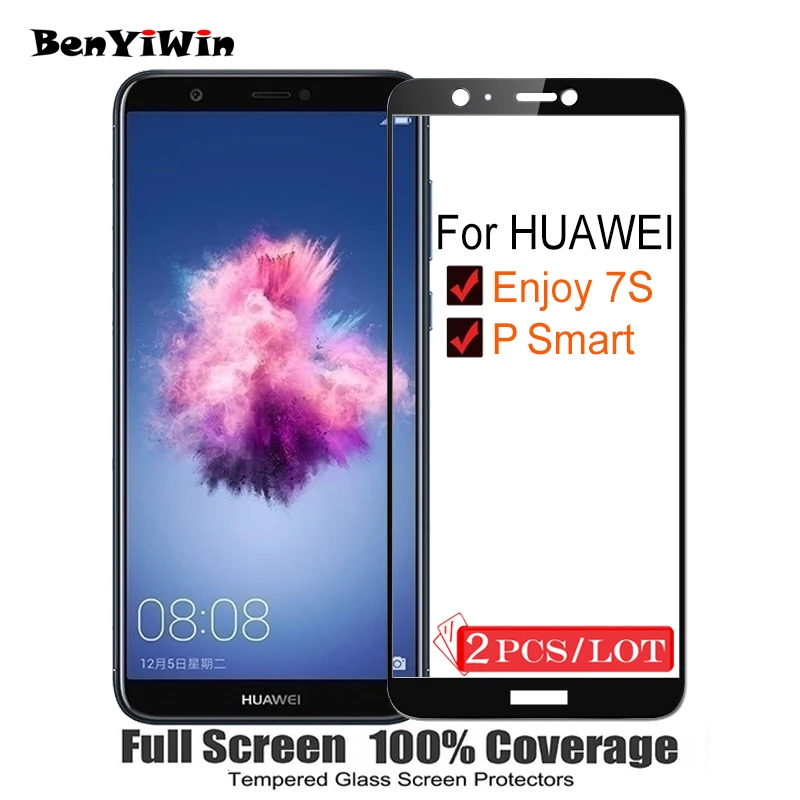 

2PCS 100% Original Full Cover Tempered Glass for Huawei P Smart 2.5D 9H Screen Protector Protective Film Case For Enjoy 7S Glass
