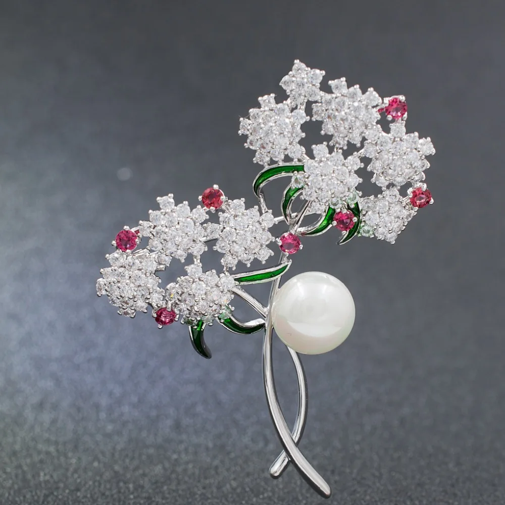 

5A Cubic Zirconia Fuchsia Flower Brooch Broach Pin Pendant High Quality Women Jewelry Dress Accessories HR01806
