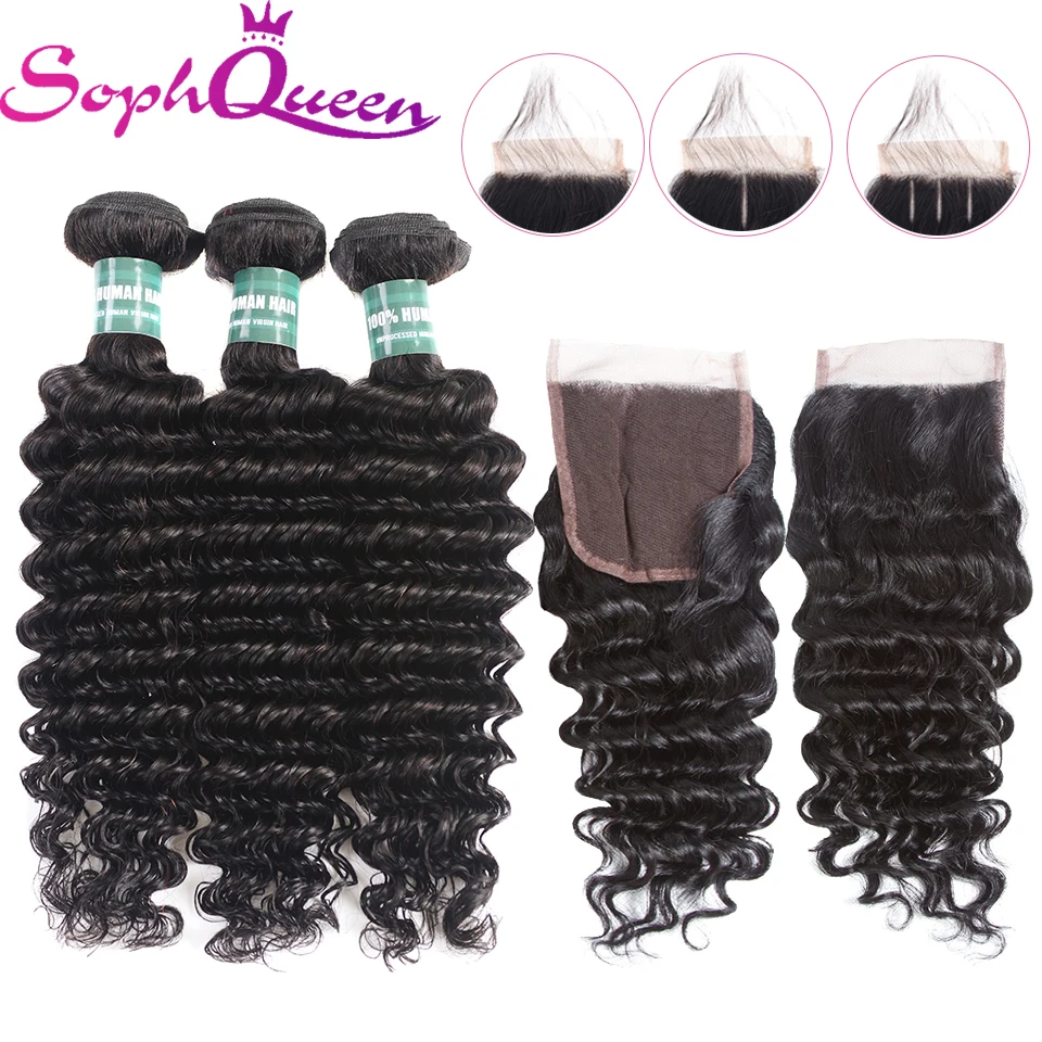 Soph queen hair глубокая волна натуральные волосы пучки с закрытием бразильские волосы remy плетение пучков с закрытием волос расширения