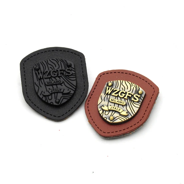 

20pcs/lot black/brown PU felt leather sew on Badges with black/bronze metal plates clothing label for jeans/jacket PLB-009