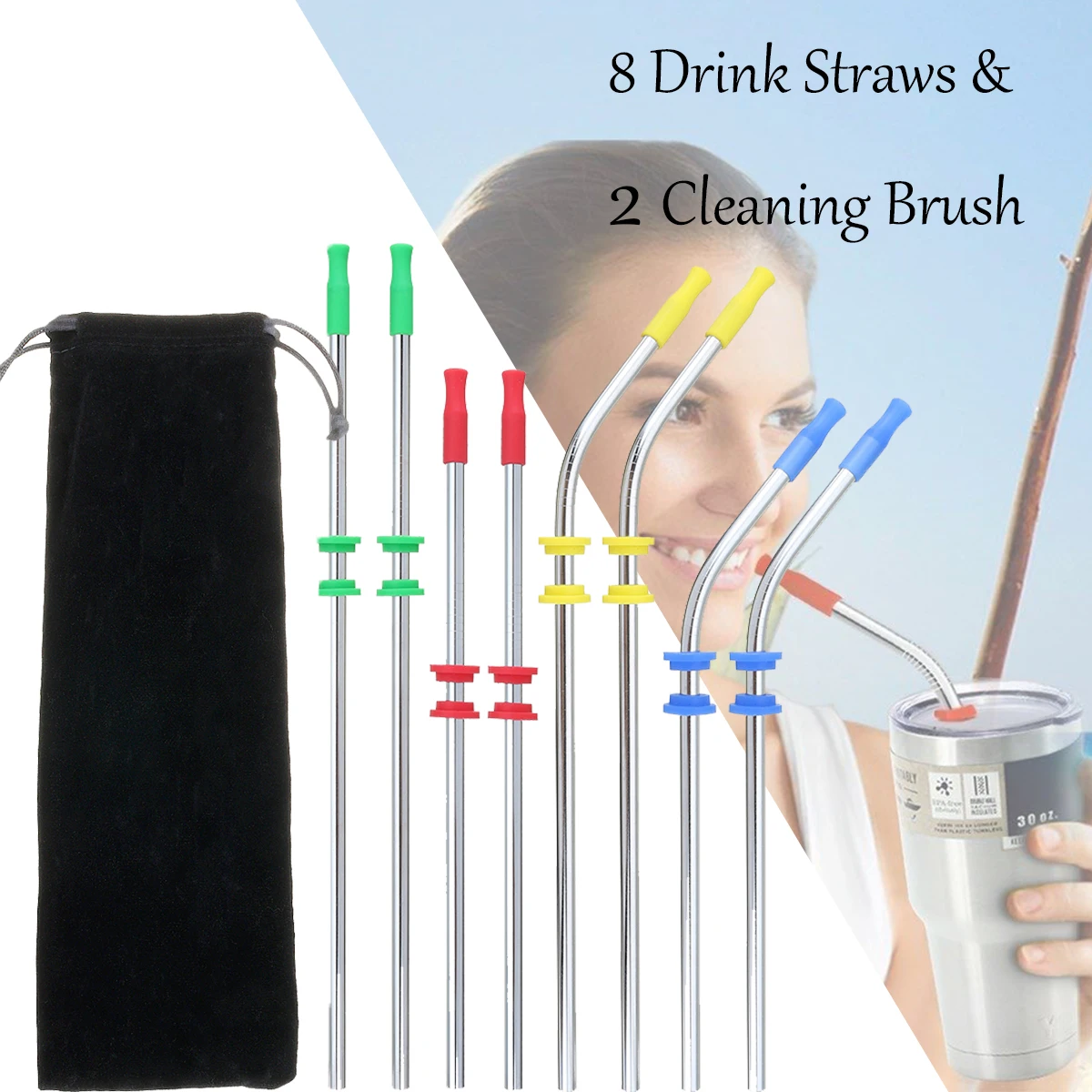 8pcs Drinking Straws 2pcs Cleaner Brush Set Stainless Steel Drinking