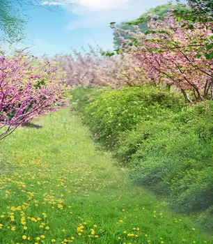 

TR Spring Nature Photographic Studio Backdrop Pink Flower Trees Grassland Meadow Flower Photo Backgrounds Custom Photo Props