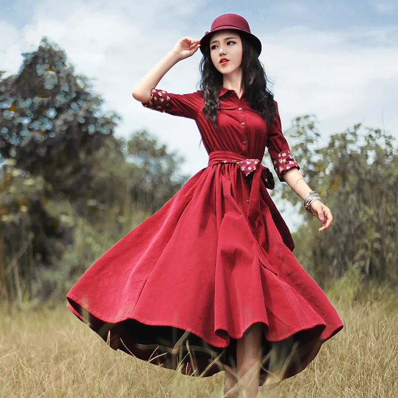 Женское вельветовое платье миди BOSHOW красное винтажное приталенное с длинным