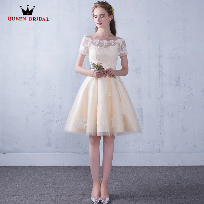 

Champagne A-line Tulle Lace Short Evening Dresses 2018 New Arrival Party Dress Evening Gowns Robe De Soiree QUEEN BRIDAL MS01