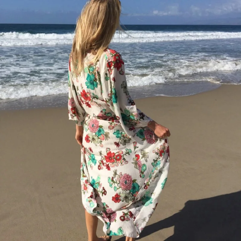 

Women's Summer Blouse Loose Kimono Floral Print Cardigan Cotton Beachwear Dress