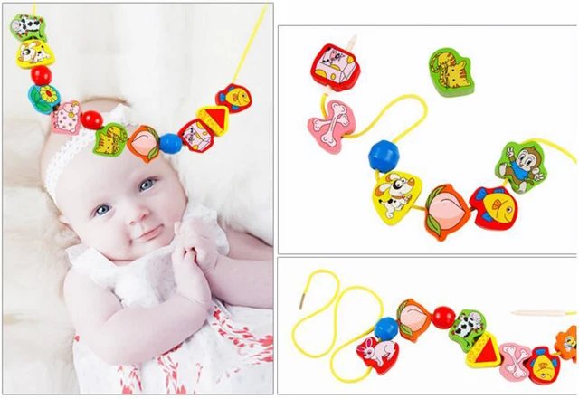 26pcs Wooden Toys Baby DIY Toy Cartoon Fruit Animal Stringing Threading Wooden beads Toy Monterssori Educational for Kids GYH 3