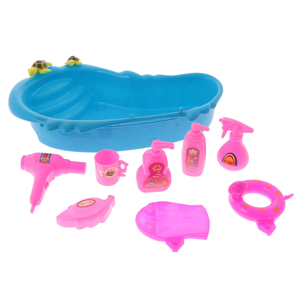 9Pcs Dollhouse Bathtub & Bath Supplies Set for Bathroom Accessories Doll Bathing Pretend Play Set Game Toys
