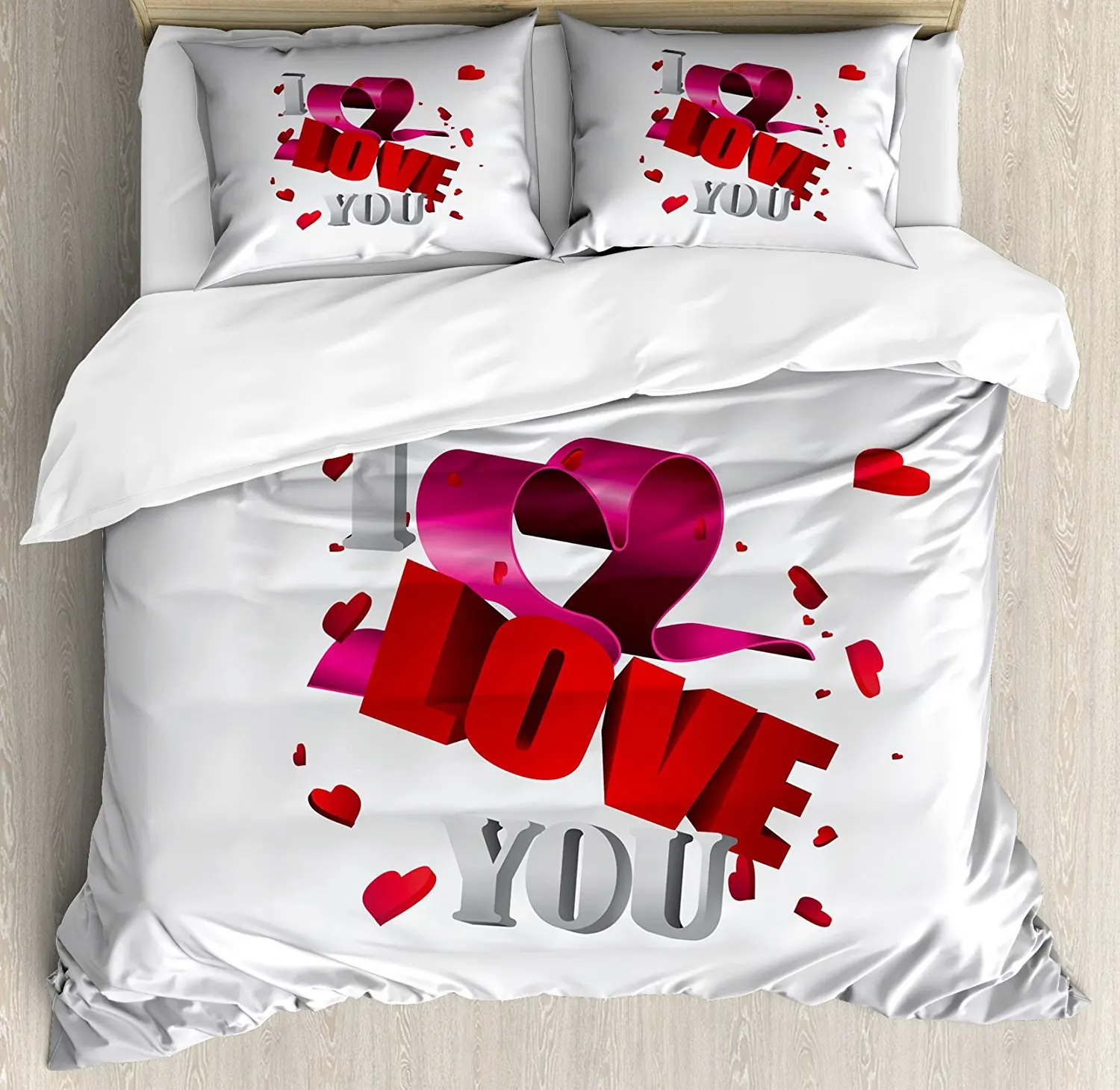 

I Love You Duvet Cover Set 4D Design Celebrating Words with Valentine's Hearts and Ribbon Present Bow Decor 4 Piece Bedding Set