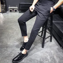 Костюм Штаны Мужская 9 баллов костюм Штаны Мужская мода полосатый костюм Штаны высокое качество ткани мужские Тонкий деловой повседневный костюм Штаны