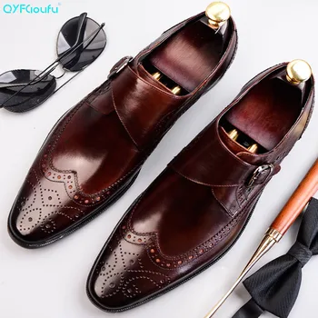 

QYFCIOUFU Men's Genuine Leather Shoes Business Dress Formal Shoes Men England Fashion Brogue Shoes Oxfords Monk Strap Shoes