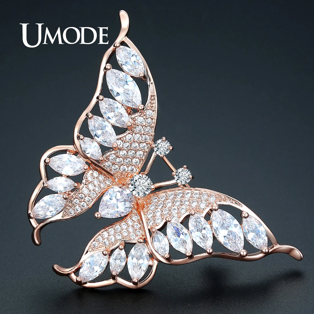 

UMODE Luxury Large CZ Crystal Butterfly Shape Brooches for Women Rose Gold Color Accessories for Scarf Christmas Gifts AUX0020A