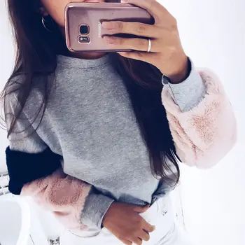 

Patchwork Long Sleeve Cotton Sweatshirt Women O Neck White Casual Pullovers Puff Sleeve Hoodies Oversize Sweatshirt
