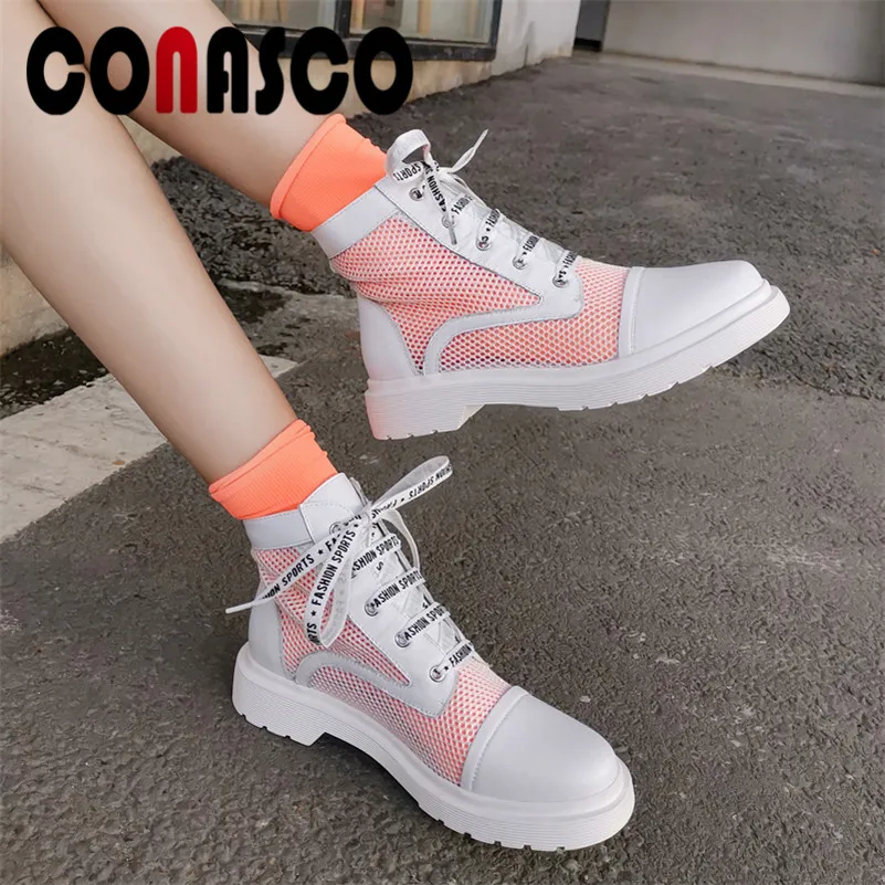 

CONASCO 2019 Summer New Punk Lace Up Women Ankle Boots Round Toe High Heels Genuine Leather Breathable Mesh Hollow Shoes Woman