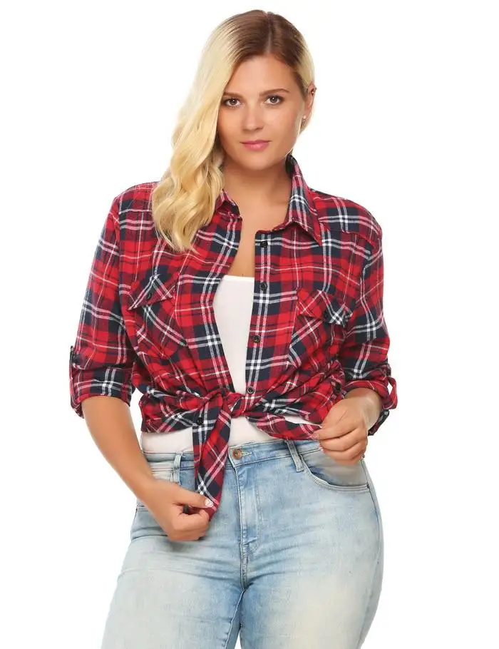 IN'VOLAND, Женская клетчатая блузка, Blusas, топ размера плюс, осенняя Классическая рубашка с отворачивающимся рукавом и карманом, рубашка на пуговицах, больше размера d XL-5XL