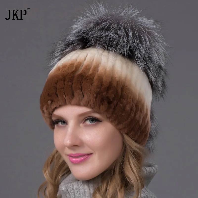 Зимняя женская шапка из меха кролика рекс с цельным лисьим мехом новинка 2017