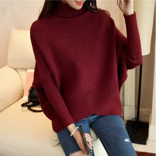 Зимний женский свободный свитер с высоким воротником в Корейском стиле, плотное пальто, Ms. набивной рукав/вязаная рубашка - Цвет: wine red
