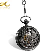 Lancardo Steampunk Mechanical Pocket Watches Men Black Dragon/Phoenix Hollow Retro Necklace Pocket Watch With Chain For Men