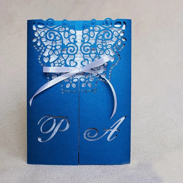 50KIts Design Lace Print Blue Wedding Invitations Blank Print Ribbons