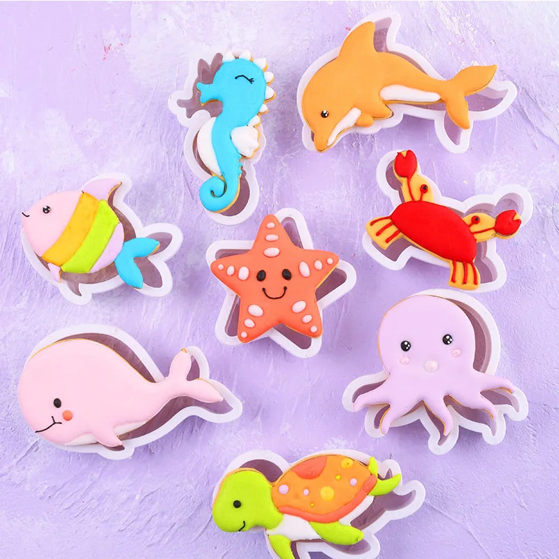 

Cute hippocampus,octopus,Starfish, fish Plunger Cutter set Spring cookie Cutting Mold Cake Decorating Plastic Mold fondant mold