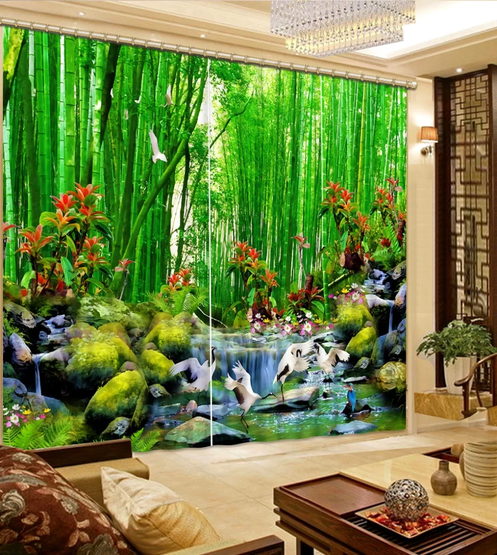 green bamboo curtains photo Blackout Window Drapes Luxury 3D Curtains For Living room Bed room Office Hotel Home