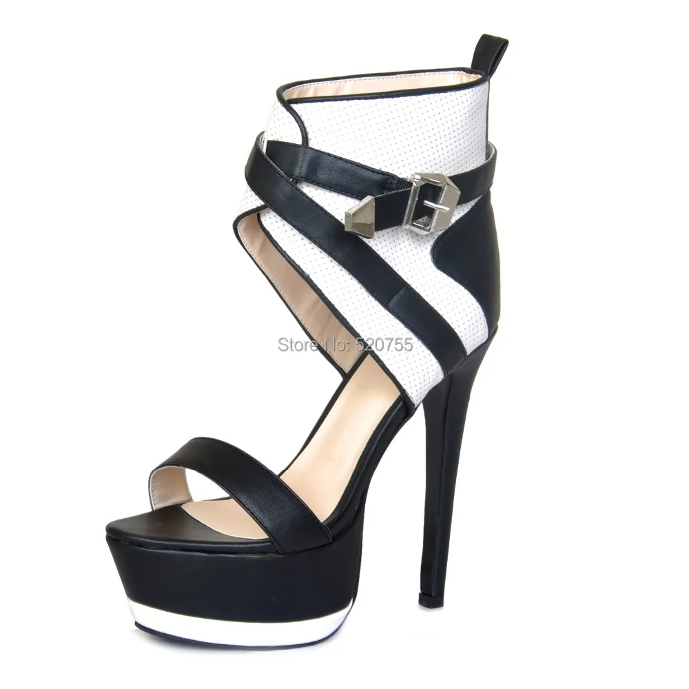 Элегантные и стильные черные и белые кожаные женские босоножки на высоком каблуке 16 см с пряжкой. Размер: 35-43