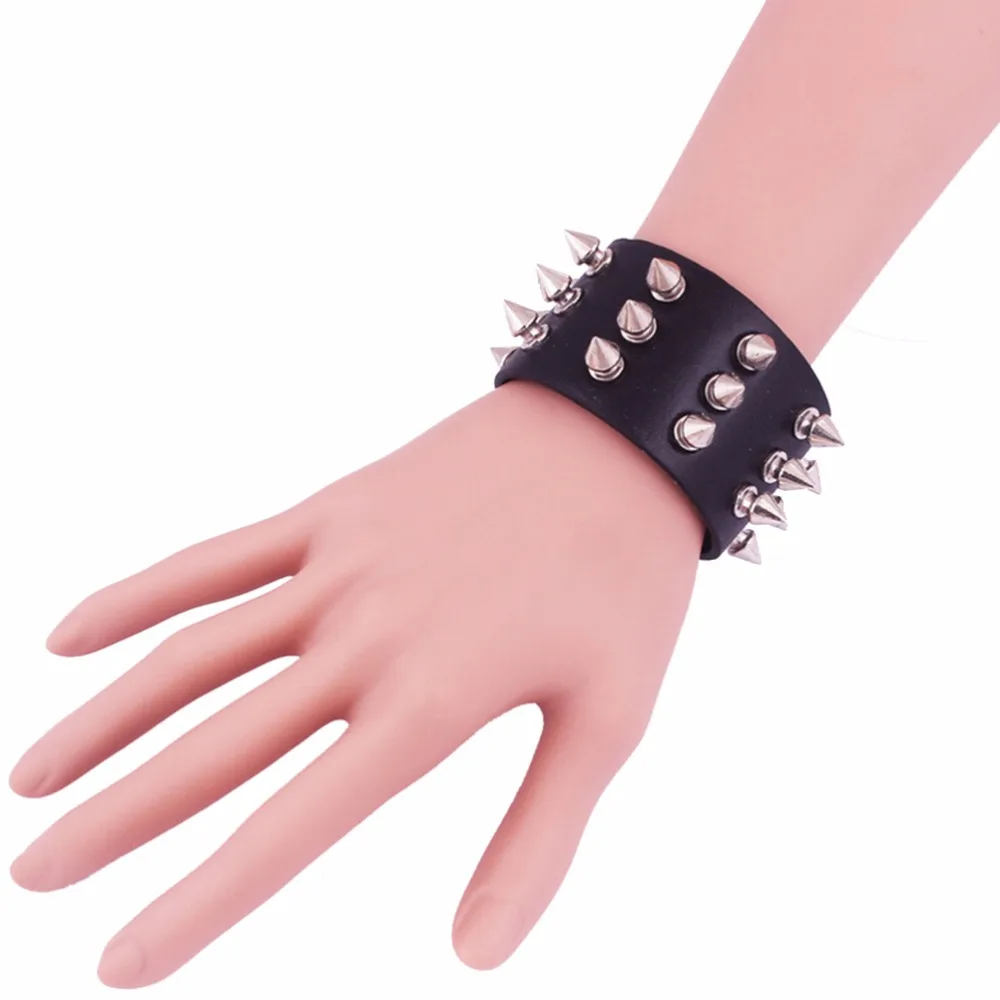 1pc Men Women Three Row Stud Wide Cuff PU Leather Punk Gothic Rock