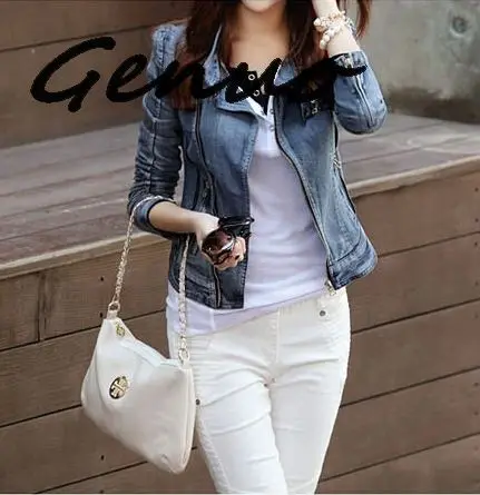 Genuo New Fast Shipping Fashion Womens Vintage Denim Jean Slim Fit Lapel Zip Short Jacket Tops Coat Size S M L Xl