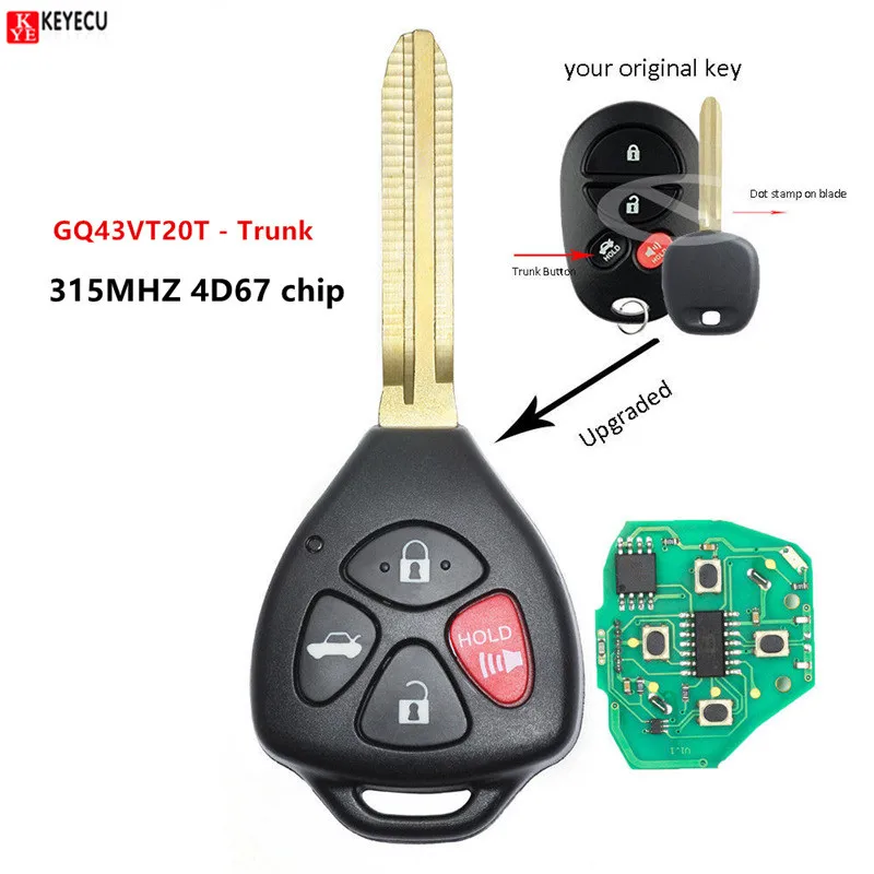 Обновленный дистанционный ключ Keyecu 315 МГц 4D67 для Toyota Avalon Solar 2005 2006 2007 2008 - GQ43VT20T-Trunk |