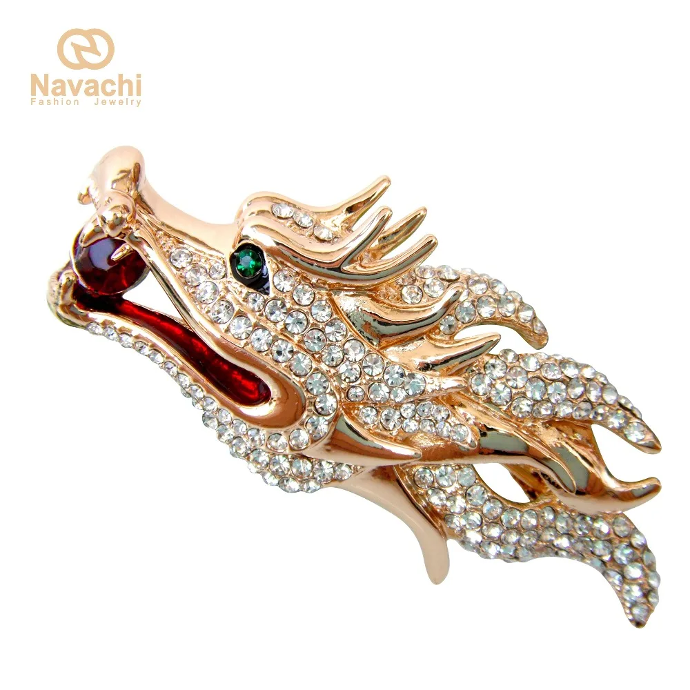 

Navachi Martial Dragon Head Enamel Yellow GP Crystal Brooch Pin SMT7968