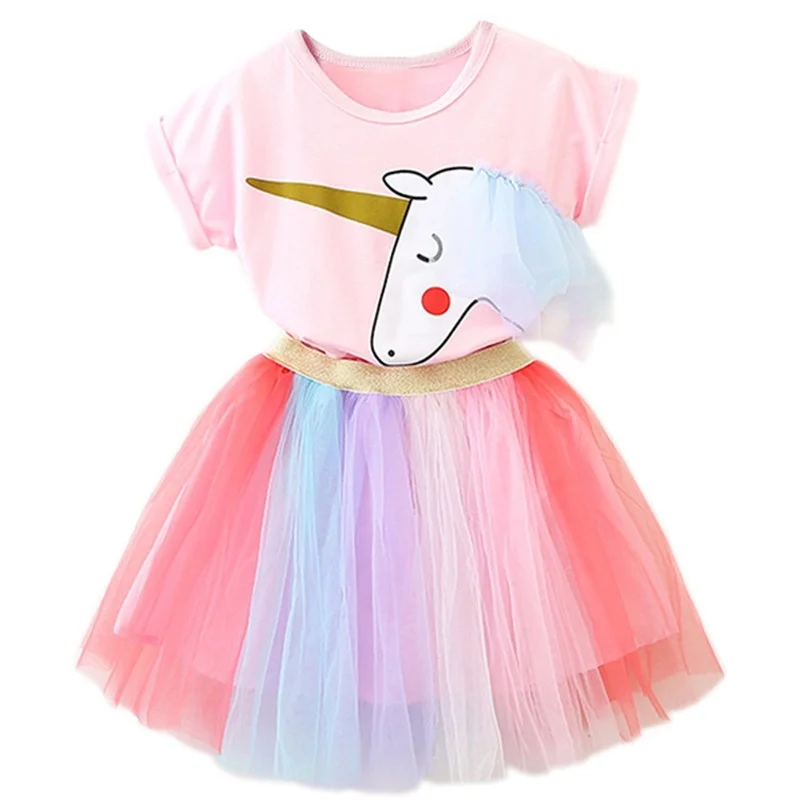Нарядное платье с единорогом для девочек 1-2 лет, карнавальный костюм на день рождения, одежда для малыша Радужная вуаль, детская одежда, Vestido