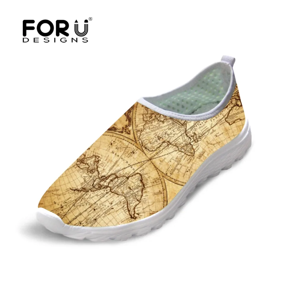 

FORUDESIGNS Retro World Map Women's 3D Print Casual Flats Shoes Fashion Sneaker Breathable Mesh Shoes Woman Student Summer Shoes