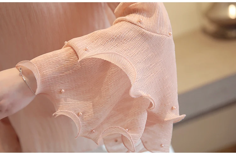 Модные женские блузки, украшенные бисером, розовая шифоновая блузка, рубашка с длинным рукавом, женские рубашки, Женские топы и блузки, blusas femininas A759