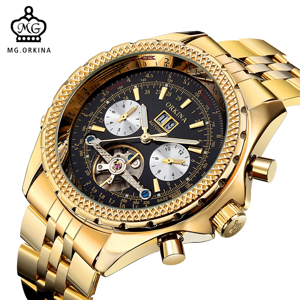 MG ORKINA Golden Mens Automatic Mechanical Wrist Watch Black Dial Glass Day Date Month Relojes Male