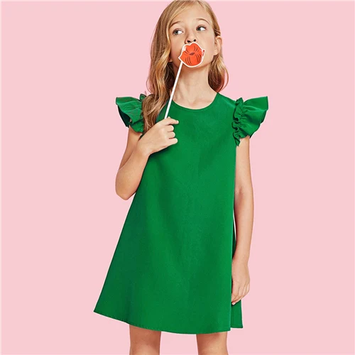 Шеин Красный рюшами проймы трапеции Рождество нарядное платье для девочек одежда зеленый корейский мода Детские платья для девочек - Цвет: Зеленый
