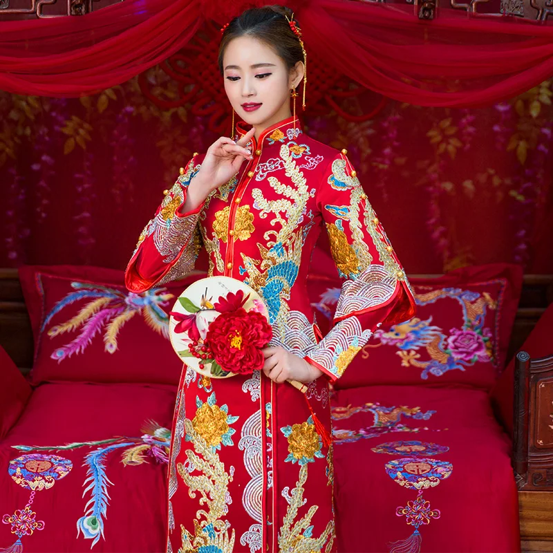 Роскошный Королевский Свадебный чехонг-костюм китайская леди свадебный костюм красное Старинное платье невесты вышивка феникс Qipao тост одежда