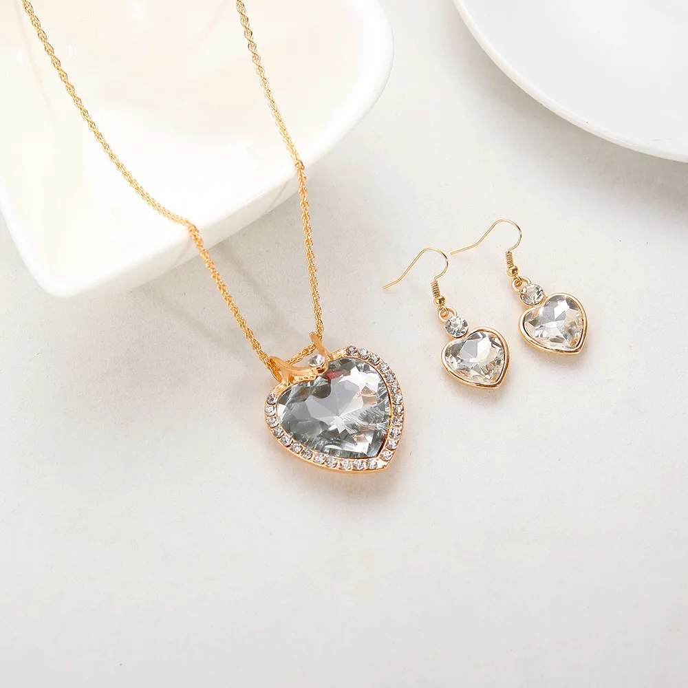 Luxury heart-shaped Austrian crystal zircon earrings necklace jewelry set for women European and American wedding dinner (14)