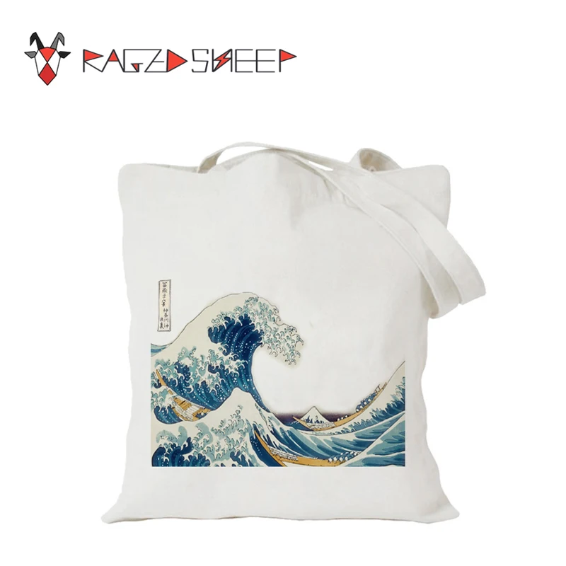 Raged Sheep Fashion Cotton Grocery Tote Shopping Bags Folding Shopping Cart Eco Grab Reusable Bag With Sea Wave Print Raged Sheep Fashion Cotton Grocery Tote Shopping Bags Folding Shopping Cart Eco Grab Reusable Bag With Sea Wave Print