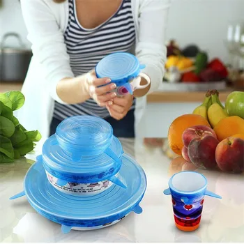 

6 Pcs fresh-keeping lid Food grade Keeping Food Fresh Wrap Reusable high stretch Silicone Food Wraps Seal Vacuum bowl Cover S