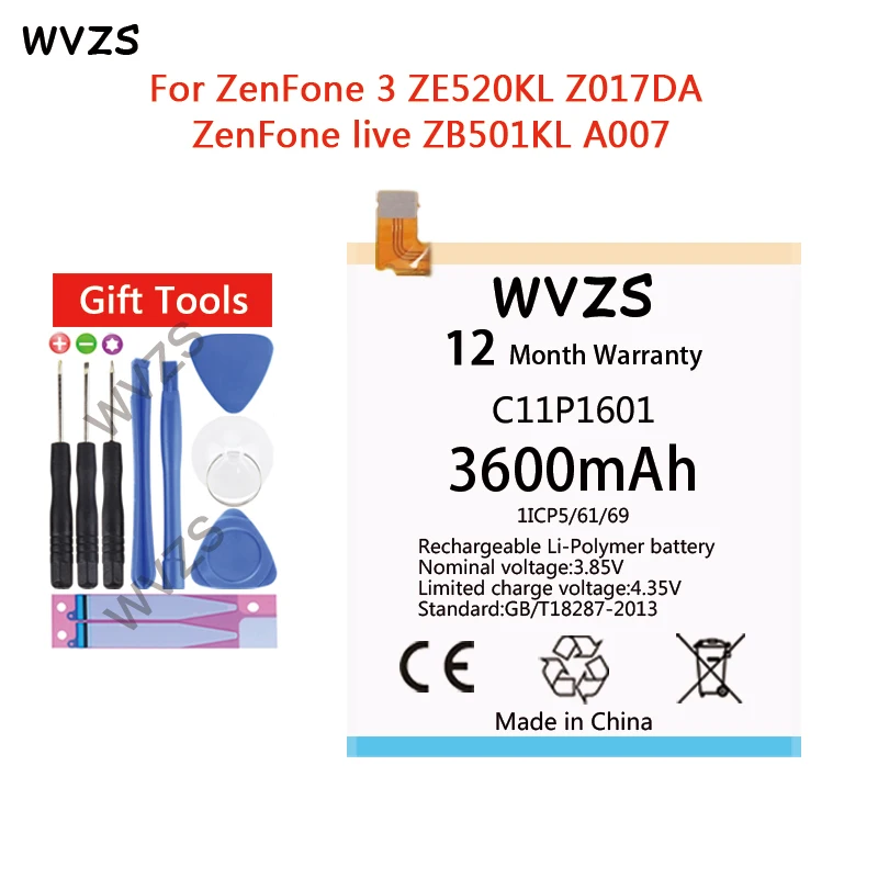 

wvzs 3600mAh Li-Polymer Battery C11P1601 For ASUS Zenfone 3 ZE520KL Z017DA For ZenFone live ZB501KL A007 Replacement Batteries