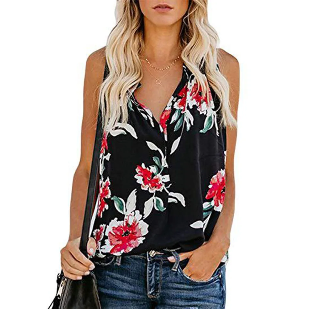 Черный Playeras de mujer de moda женский сексуальный v-образный Вырез Свободный без рукавов с цветочным принтом майки повседневные жилеты playeras de mujer de moda - Цвет: Черный